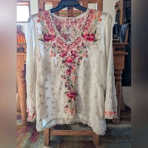 Johnny Was Floral Embroidered Tunic - White and Pink